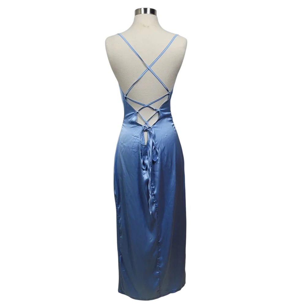 SHEIN SXY Sky Blue Satin Strappy Glam Backless Midi Dress Size 8-10 - Picture 8 of 11